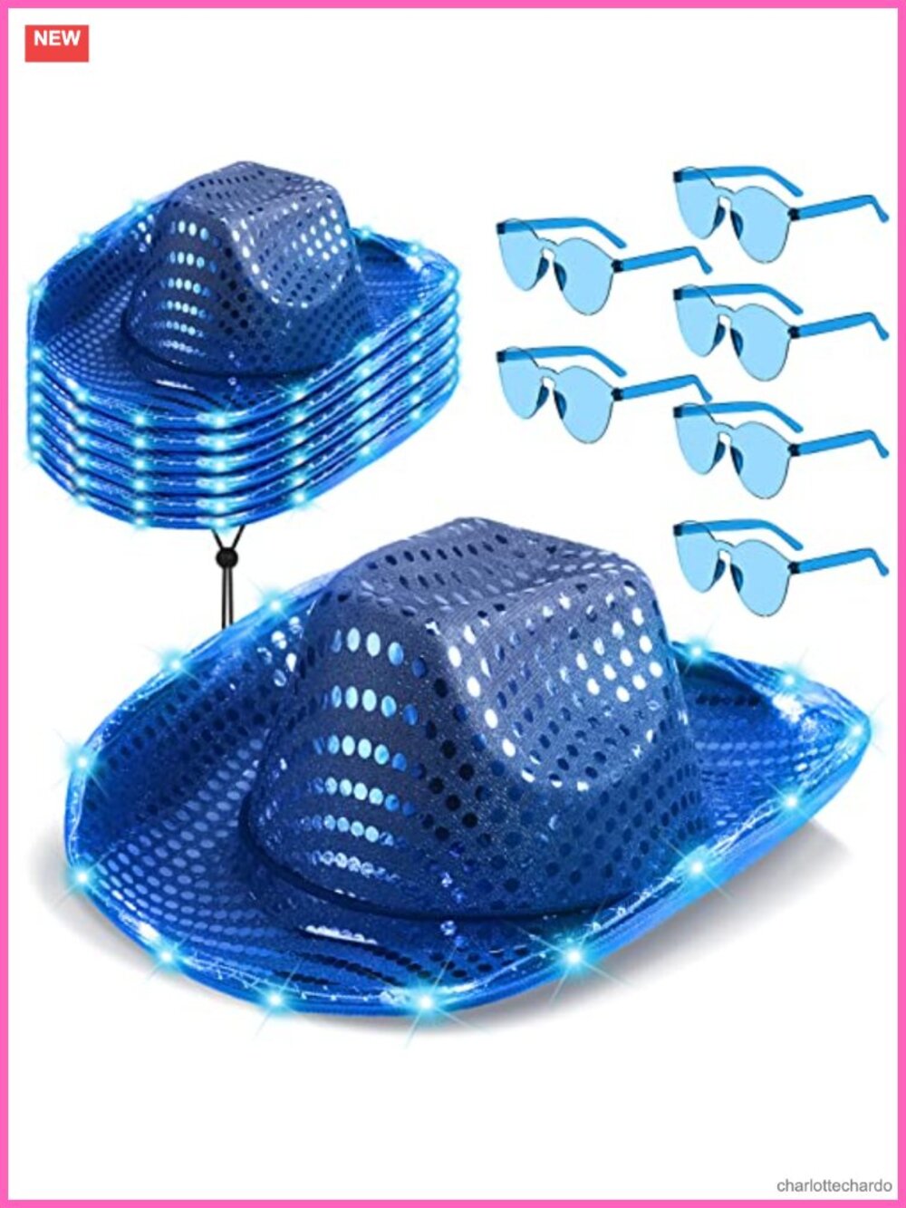 LED Light Up Sequin Cowboy Hat Set with Heart Sunglasses